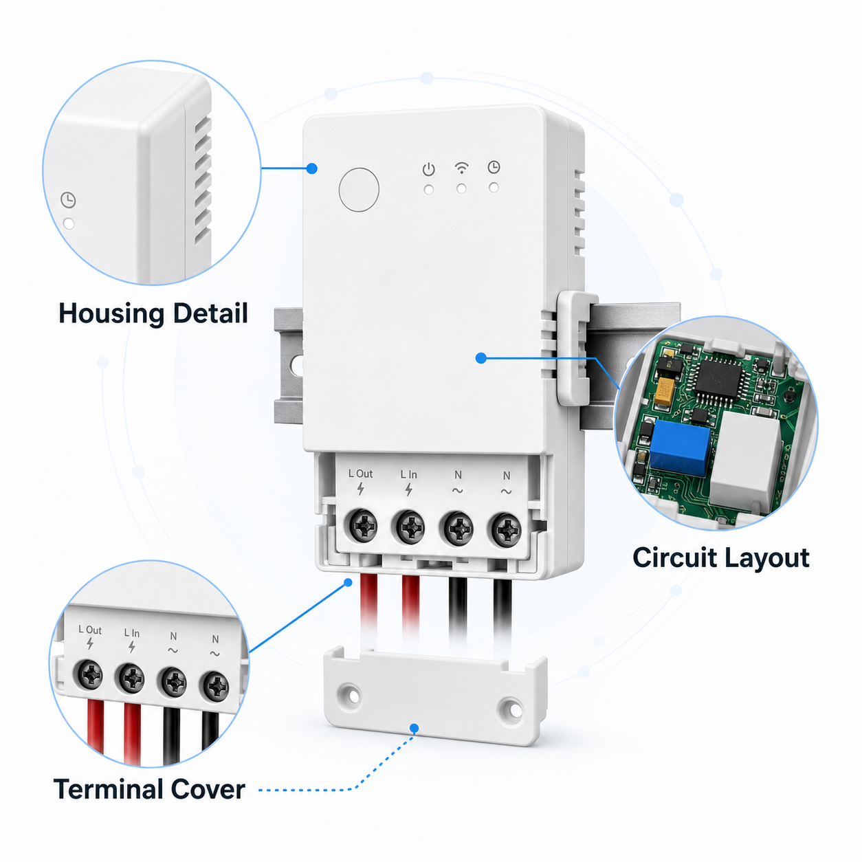 Housing circuit layout and terminal cover detail for relay module