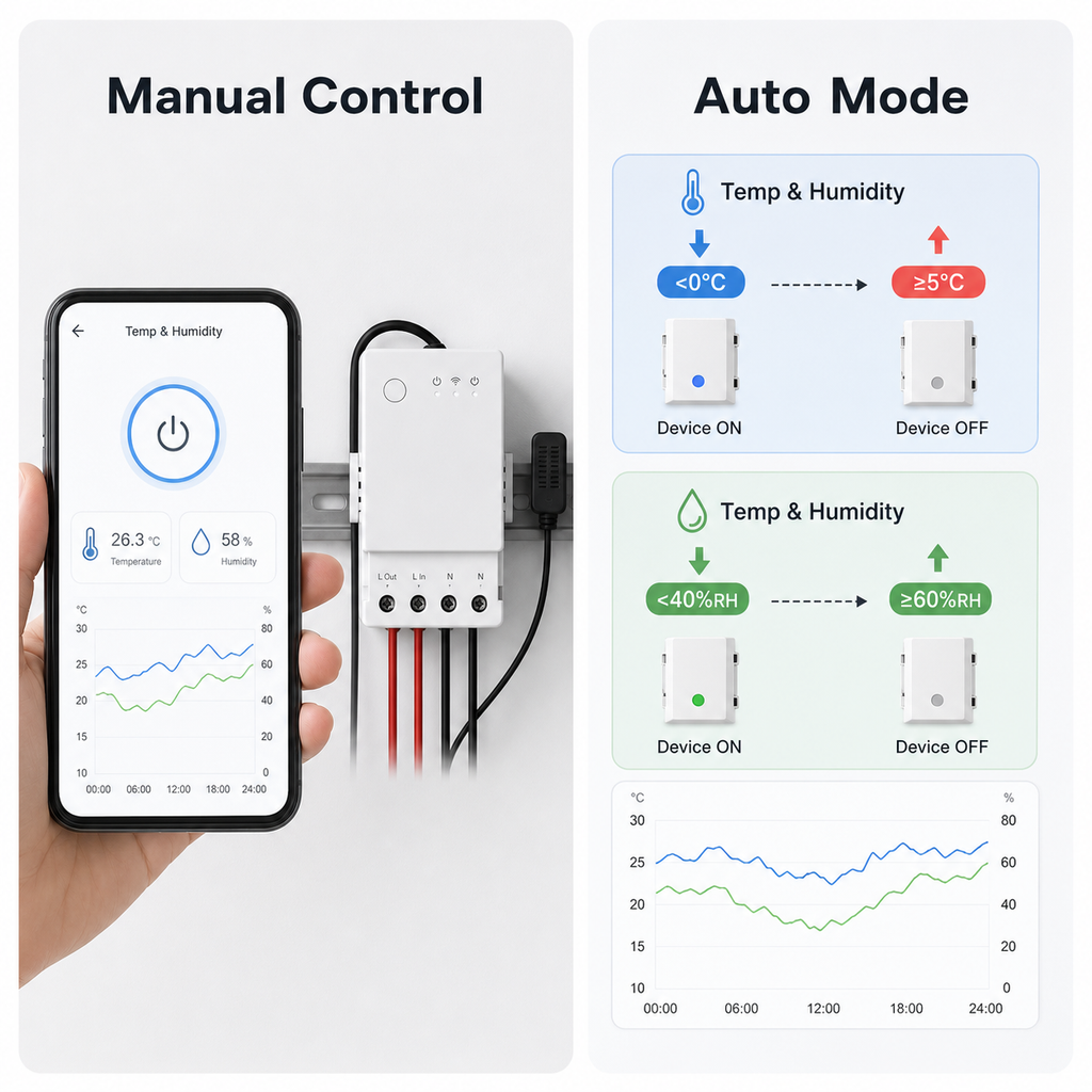 Manual app control and auto mode for temperature and humidity relay