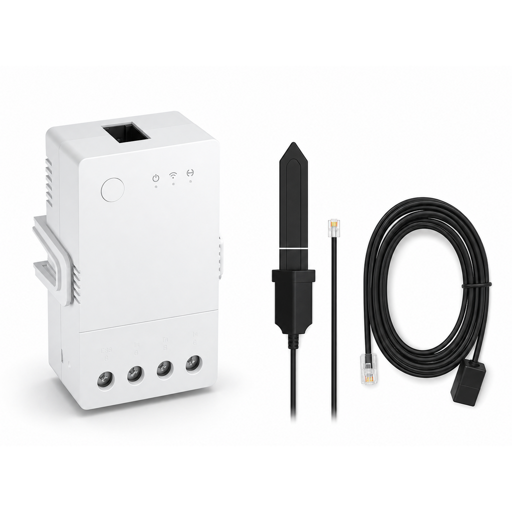 Module 16A NéoClimate Relay Pro avec sonde MS01 et câble RL560 sur fond blanc