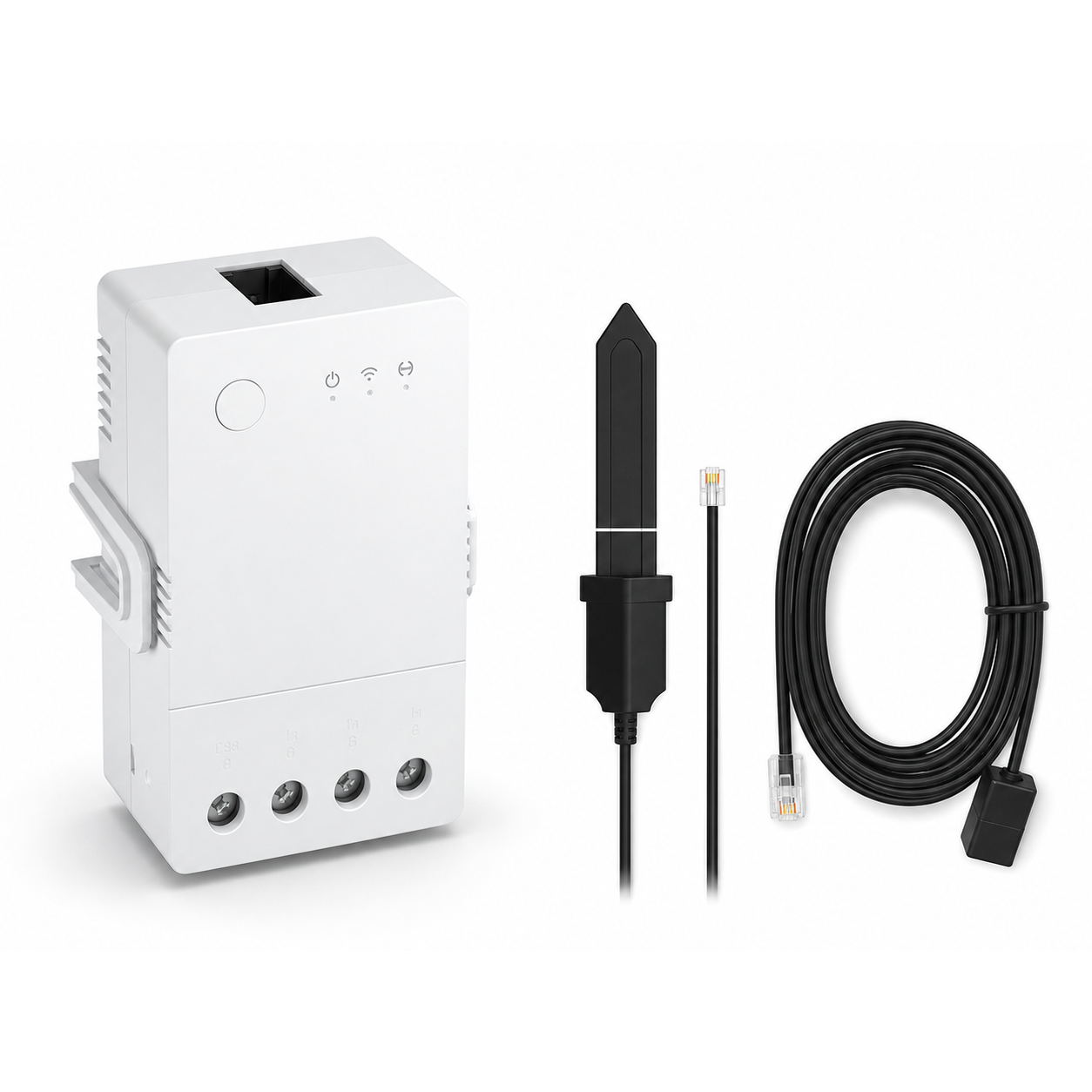 Module 16A NéoClimate Relay Pro avec sonde MS01 et câble RL560 sur fond blanc