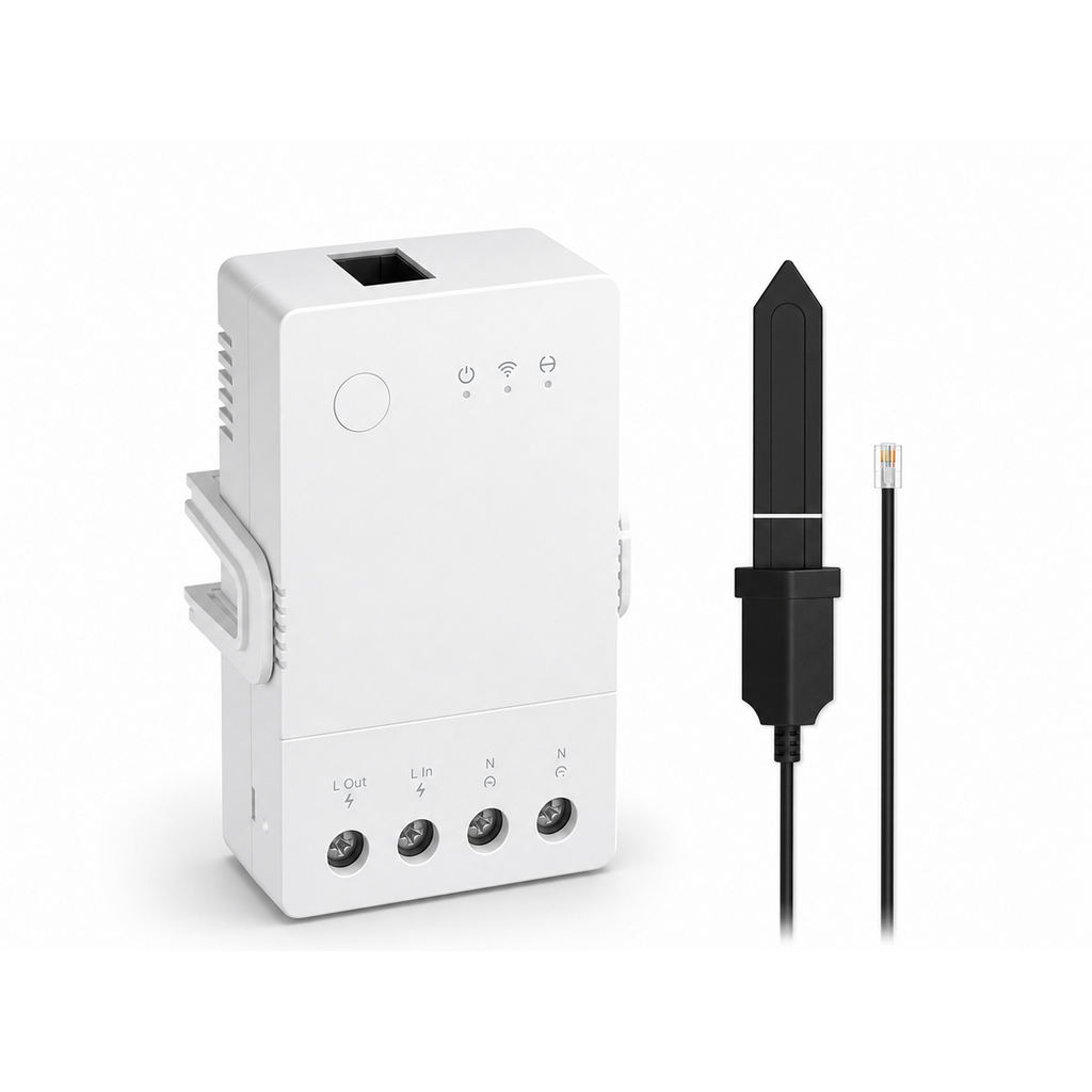 Module 16A NéoClimate Relay Pro avec sonde humidité du sol MS01 sur fond blanc
