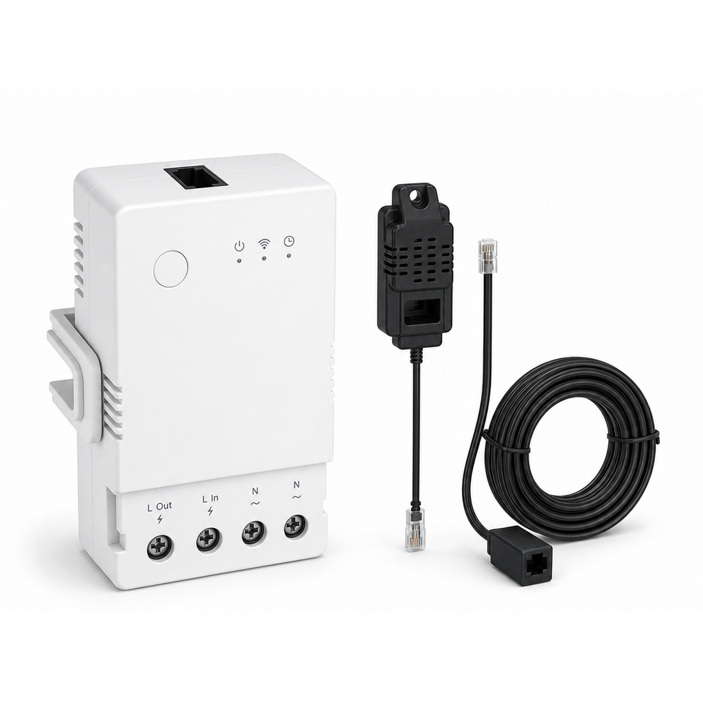 Module 16A NéoClimate Relay Pro avec sonde THS01 et câble RL560 sur fond blanc