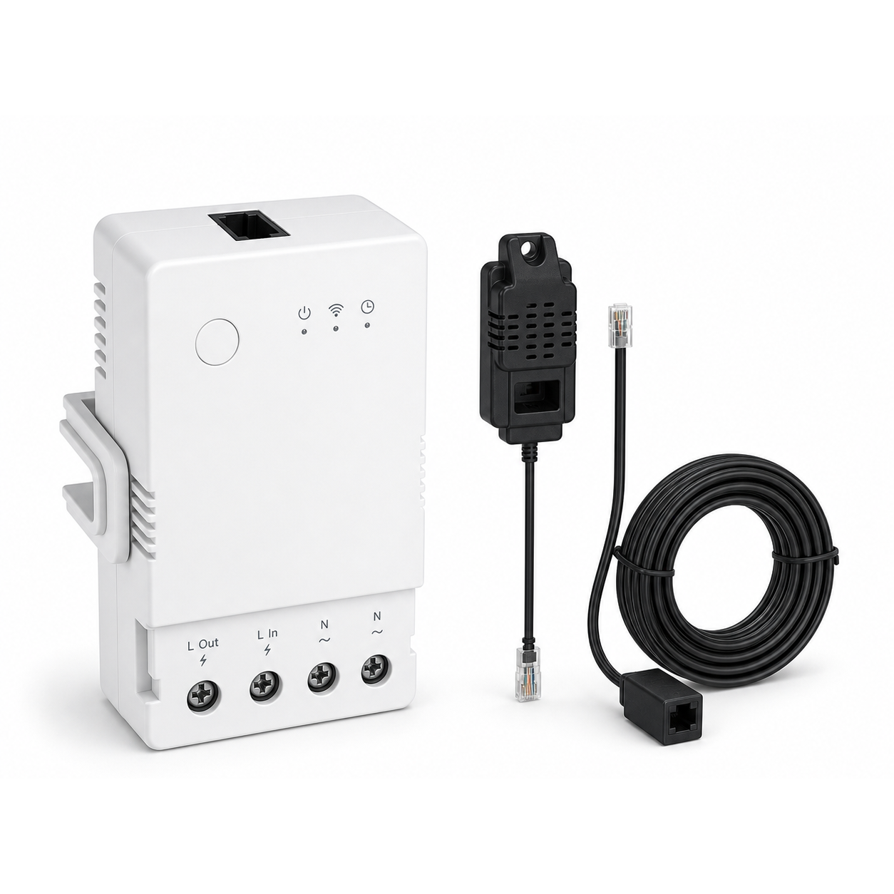 Module 16A NéoClimate Relay Pro avec sonde THS01 et câble RL560 sur fond blanc