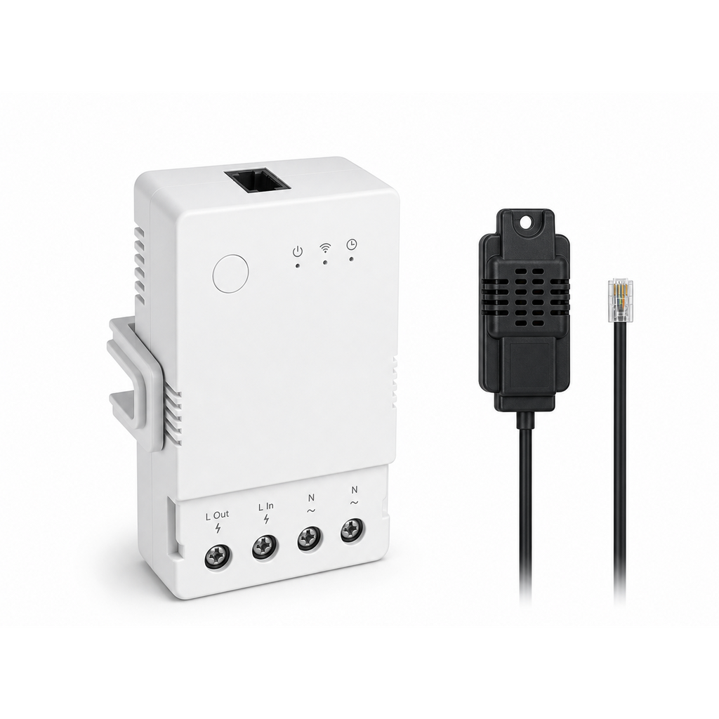 Module 16A NéoClimate Relay Pro avec sonde température humidité THS01 sur fond blanc