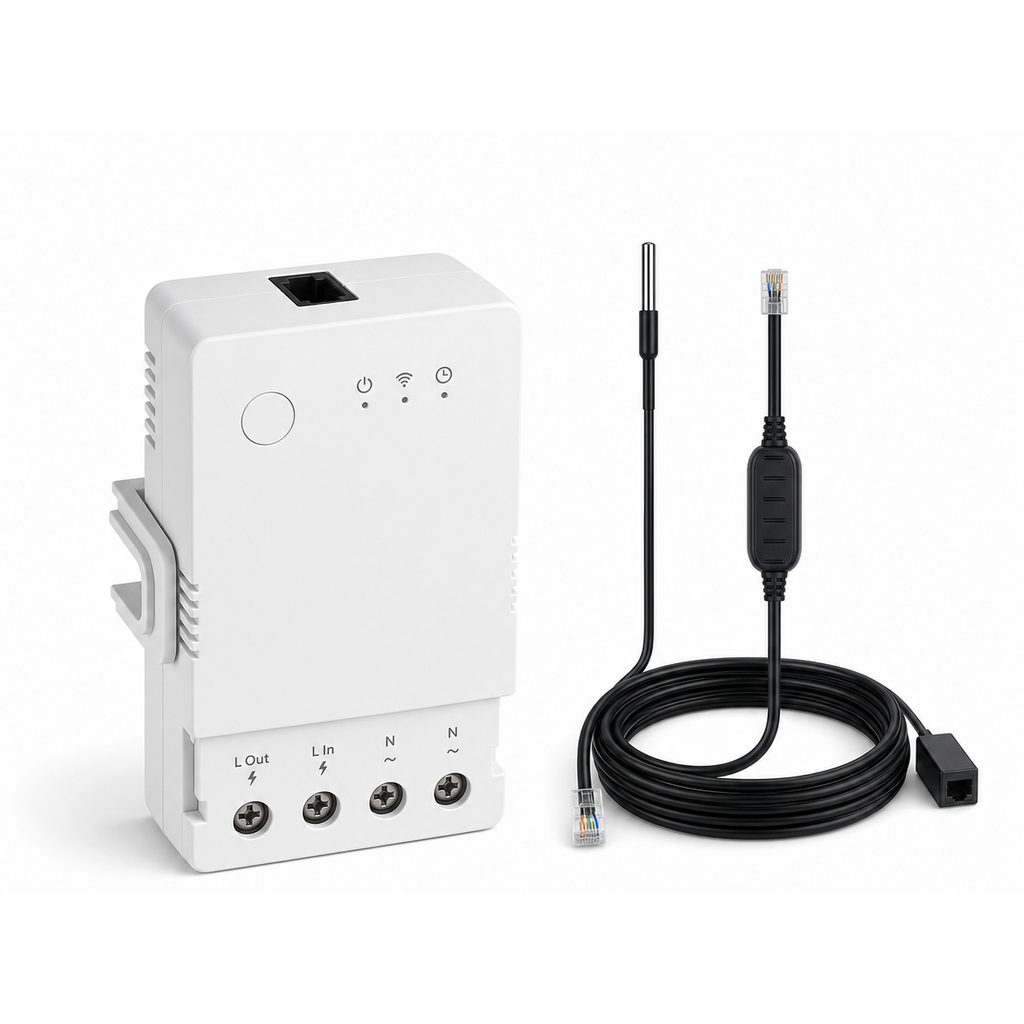 Module 16A NéoClimate Relay Pro avec sonde WTS01 et câble RL560 sur fond blanc