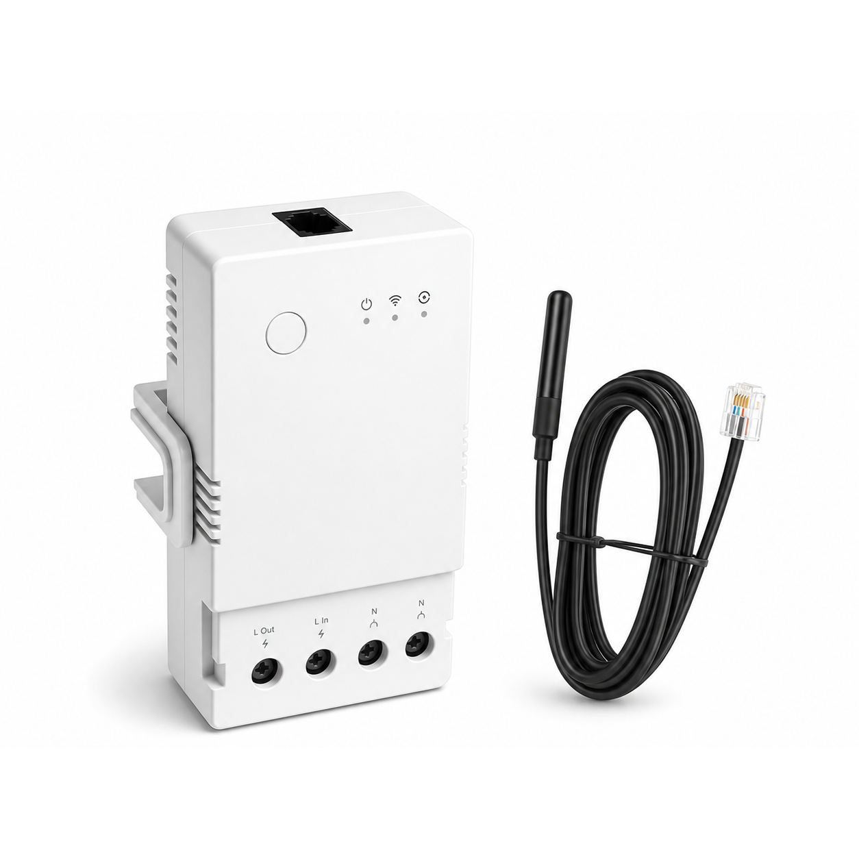 Module 16A NéoClimate Relay Pro avec sonde température WTS01 sur fond blanc