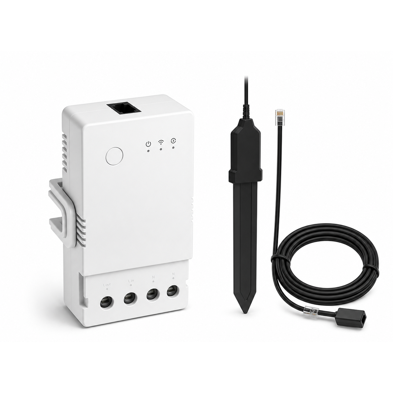 Module 20A NéoClimate Relay Pro avec sonde MS01 et câble RL560 sur fond blanc