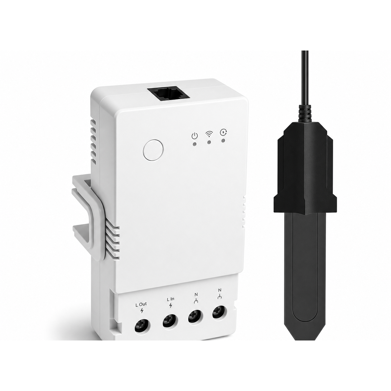 Module 20A NéoClimate Relay Pro avec sonde humidité du sol MS01 sur fond blanc
