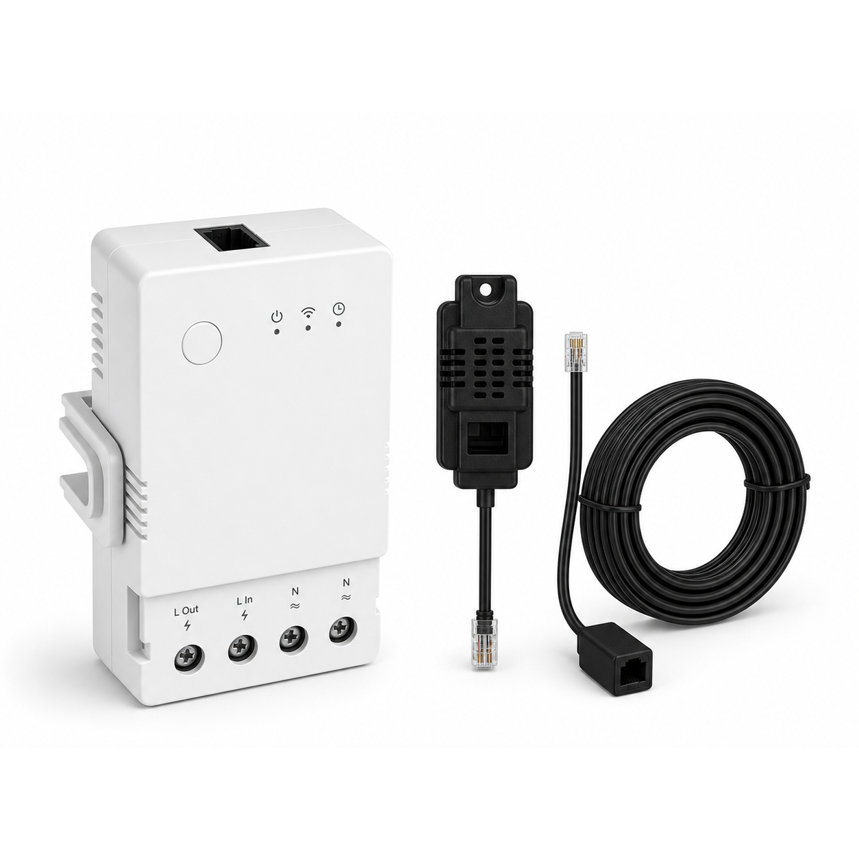 Module 20A NéoClimate Relay Pro avec sonde THS01 et câble RL560 sur fond blanc