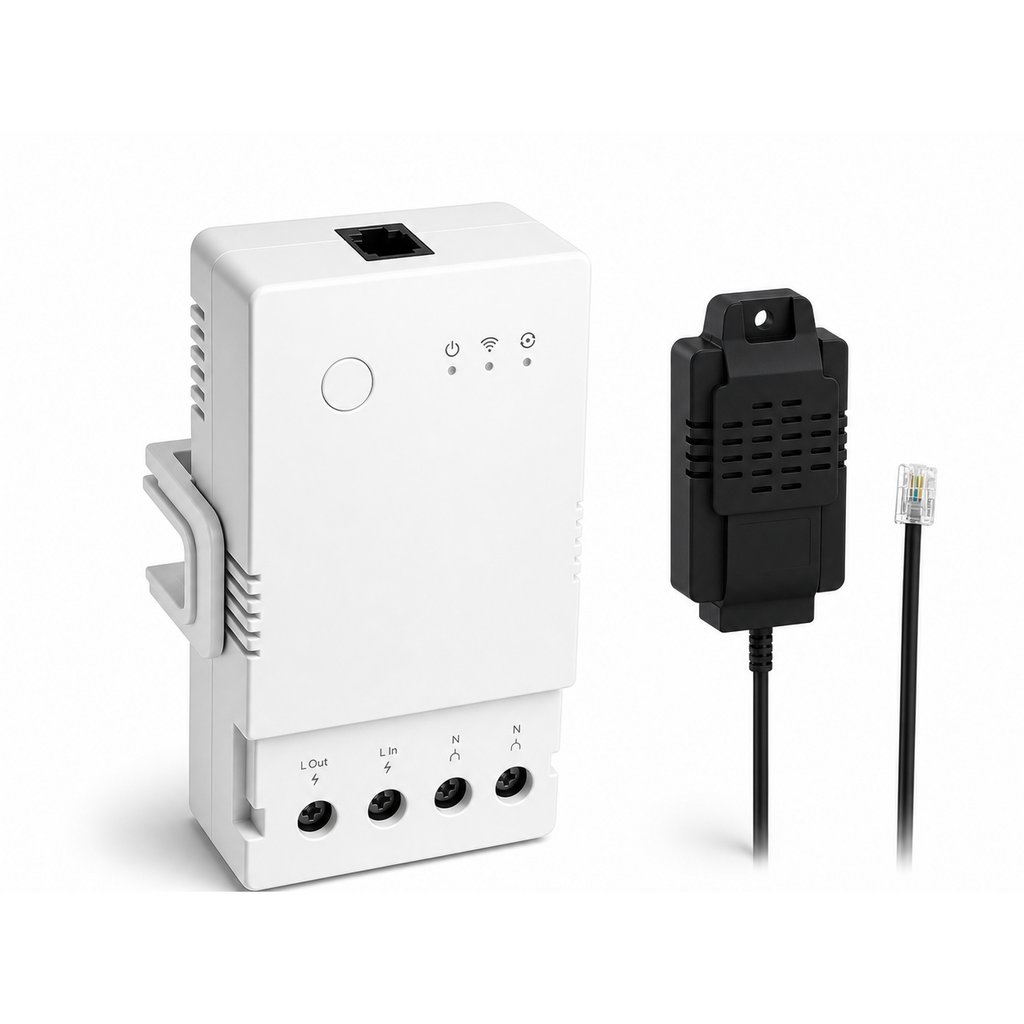 Module 20A NéoClimate Relay Pro avec sonde température humidité THS01 sur fond blanc