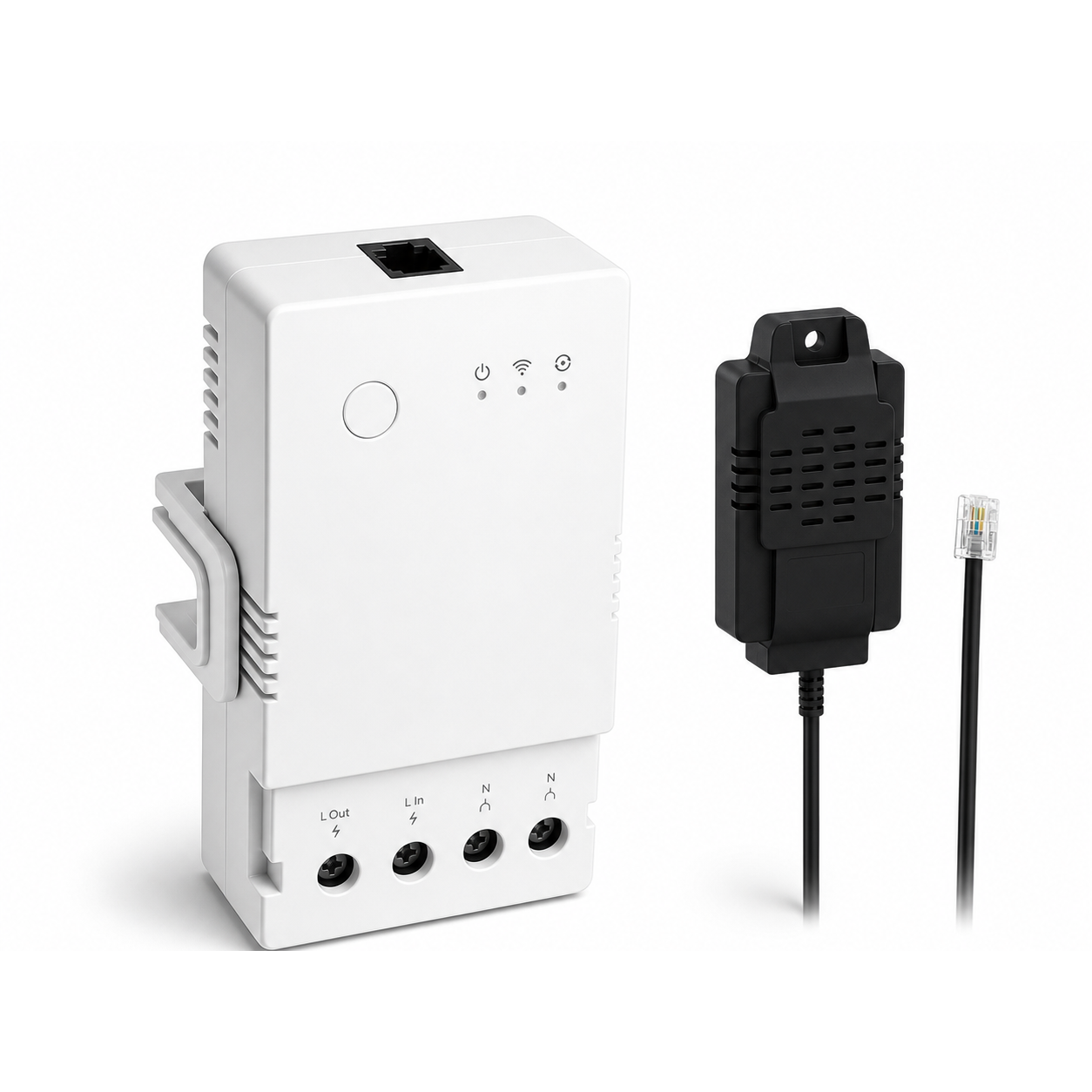 Module 20A NéoClimate Relay Pro avec sonde température humidité THS01 sur fond blanc