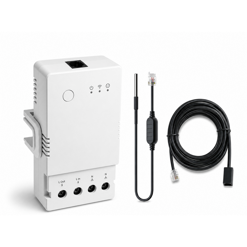 Module 20A NéoClimate Relay Pro avec sonde WTS01 et câble RL560 sur fond blanc
