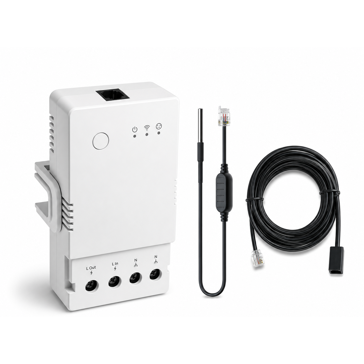 Module 20A NéoClimate Relay Pro avec sonde WTS01 et câble RL560 sur fond blanc