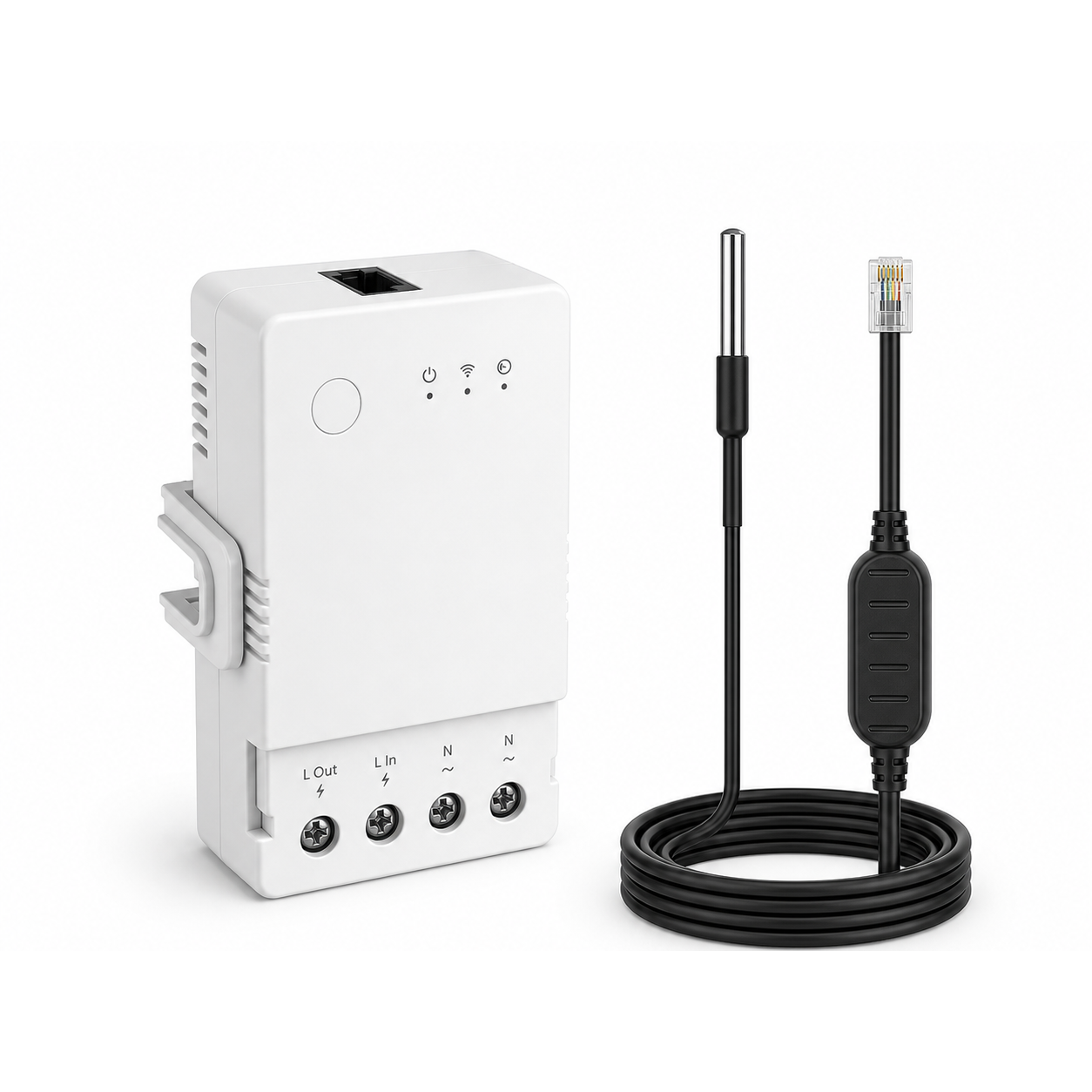 Module 20A NéoClimate Relay Pro avec sonde température WTS01 sur fond blanc