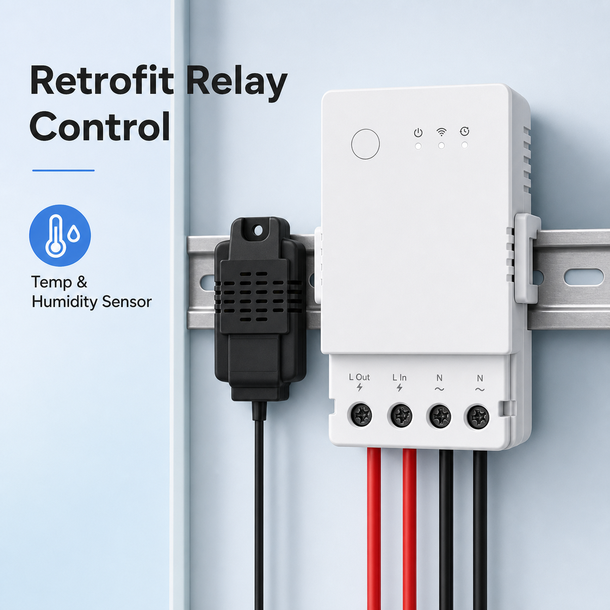 DIN rail retrofit relay control with temperature and humidity sensor