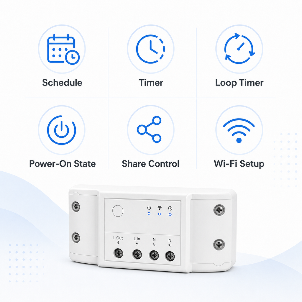 Schedule timer and Wi-Fi setup features for relay module