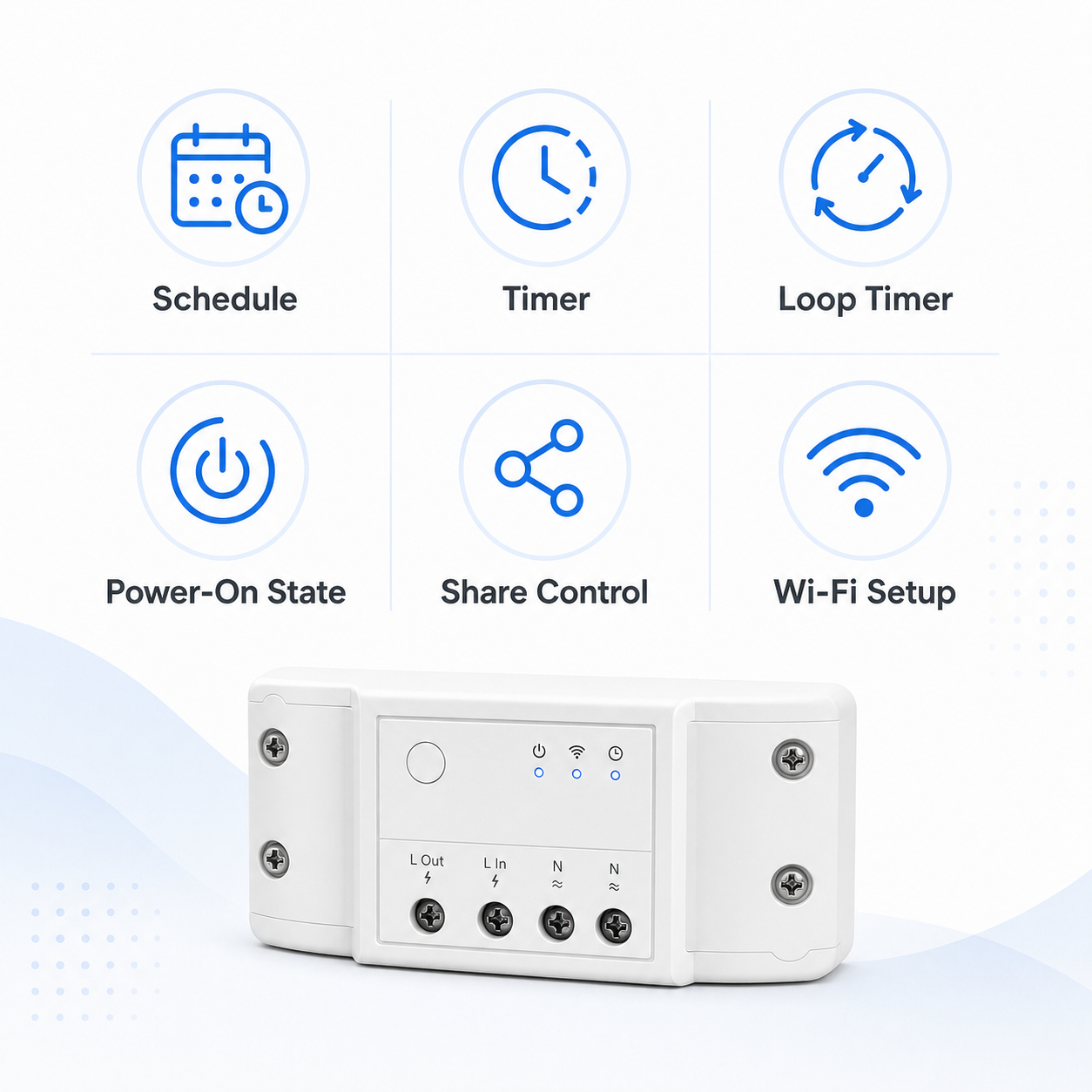 Schedule timer and Wi-Fi setup features for relay module