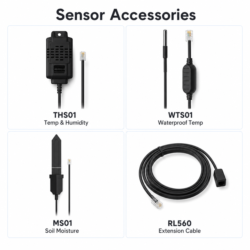 Sensor accessories overview with THS01 WTS01 MS01 and RL560