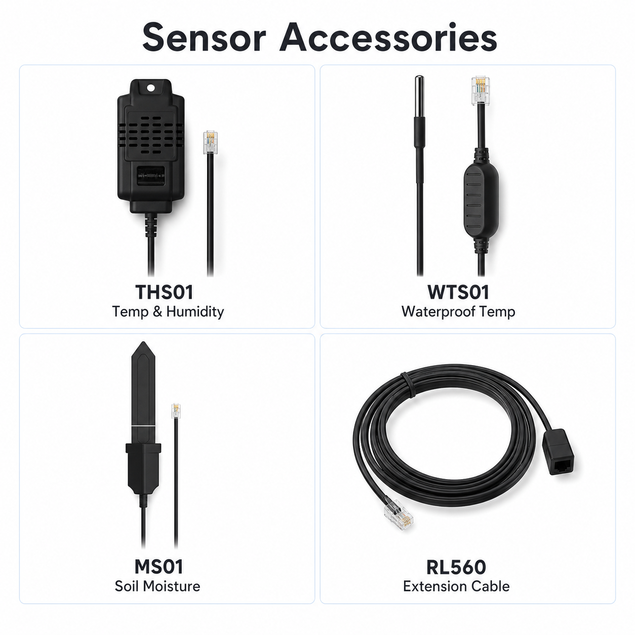 Sensor accessories overview with THS01 WTS01 MS01 and RL560