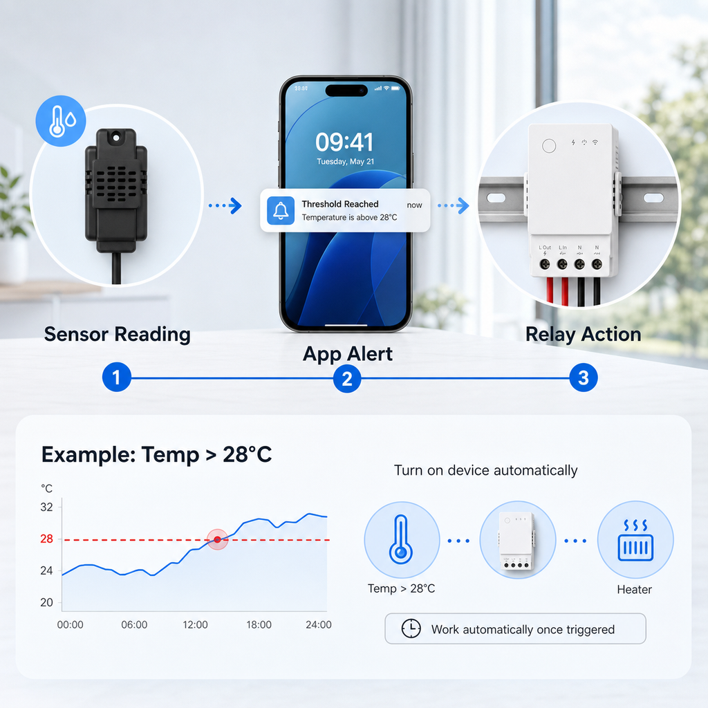 Sensor reading to app alert and relay action flow