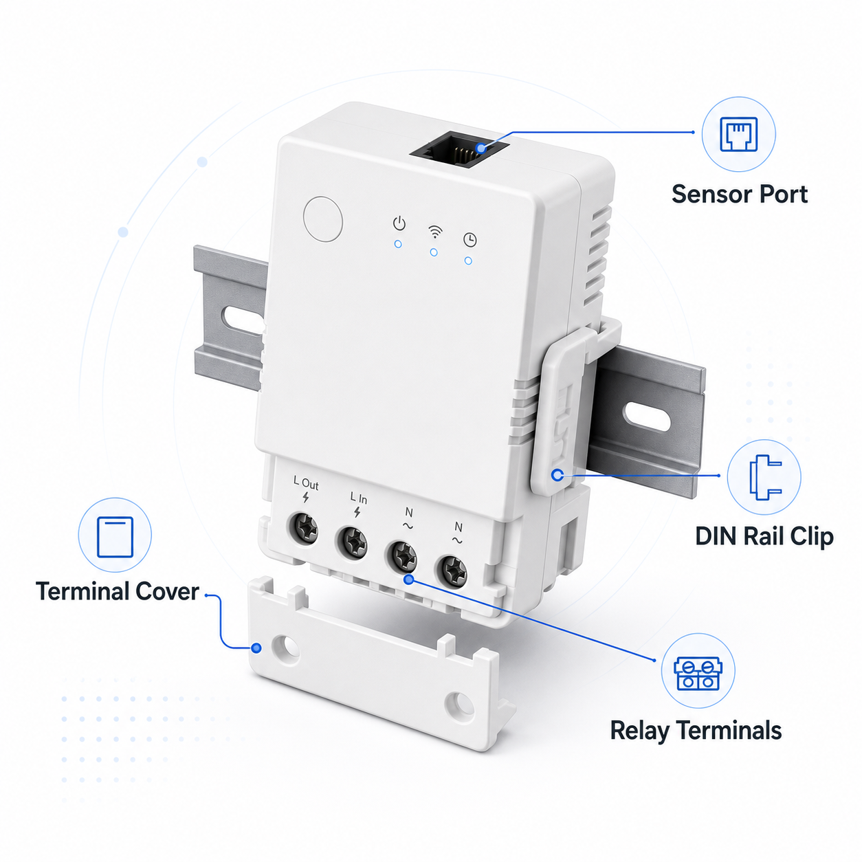 Sensor port DIN rail clip and relay terminal callouts