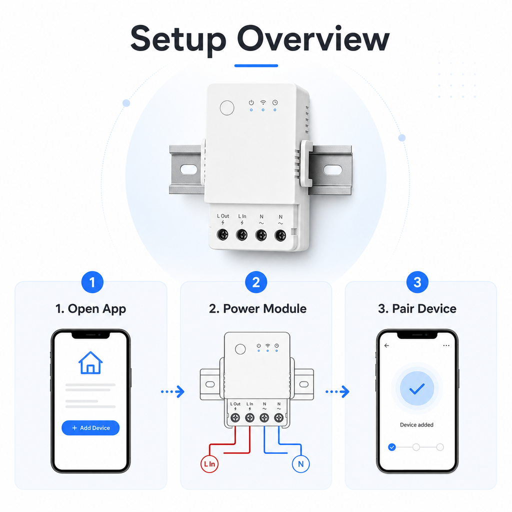 Setup overview for opening app powering module and pairing device