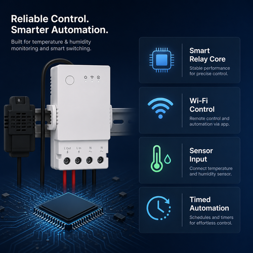Feature infographic for Wi-Fi relay core sensor input and timed automation