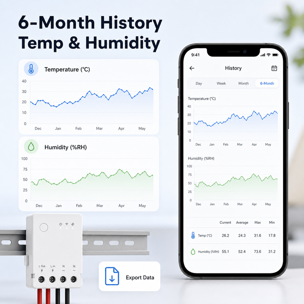 Six-month temperature and humidity history dashboard