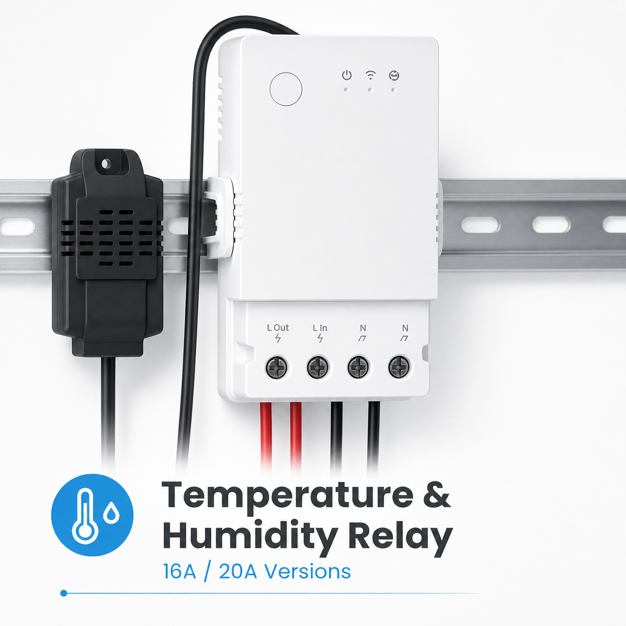 Wi-Fi temperature and humidity relay module with wired sensor on DIN rail