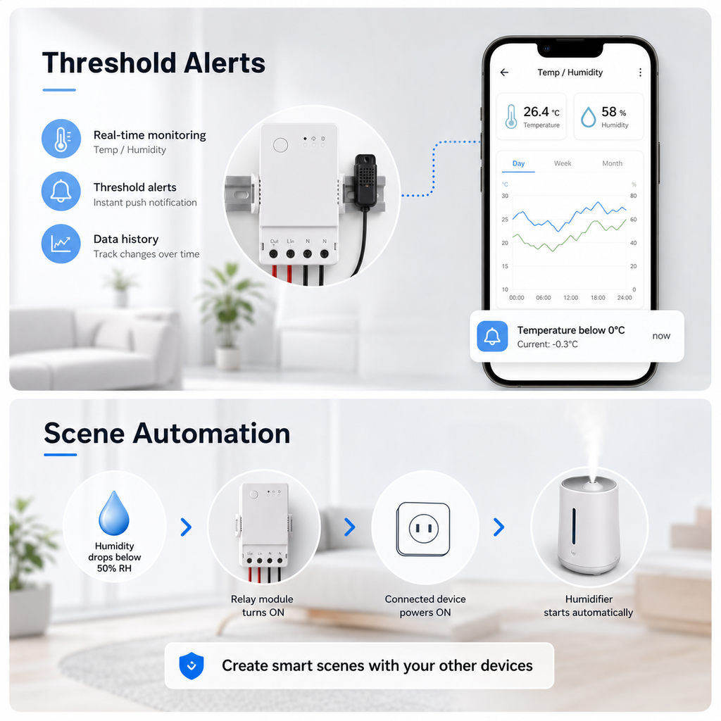 Threshold alerts and scene automation for temperature and humidity relay