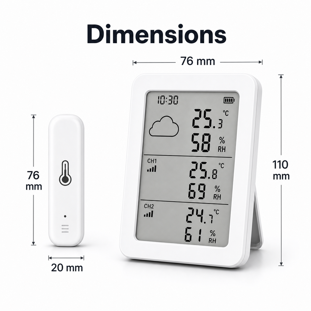 Dimensions of main display and sub-sensor for temperature humidity kit