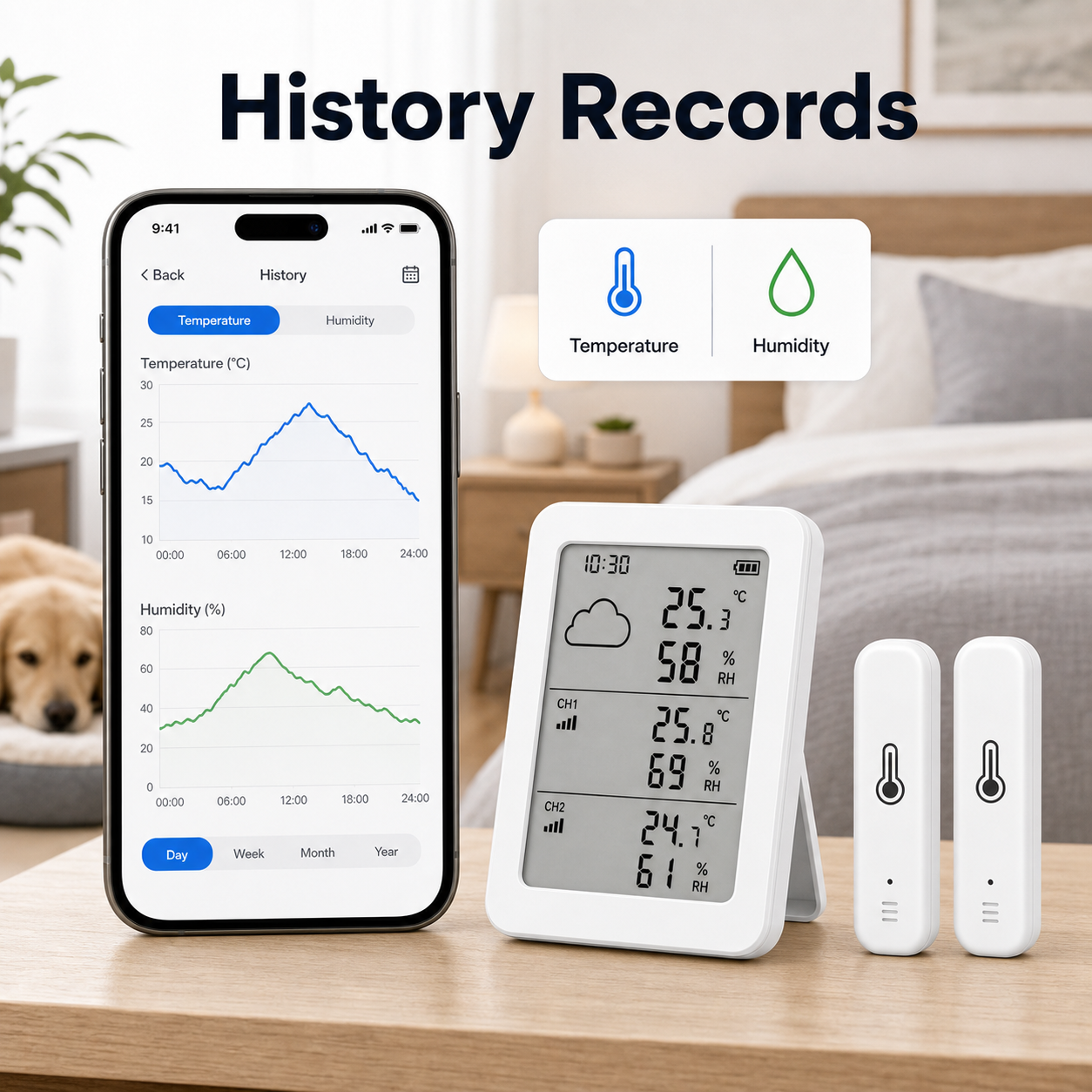 History records screen for temperature and humidity monitoring