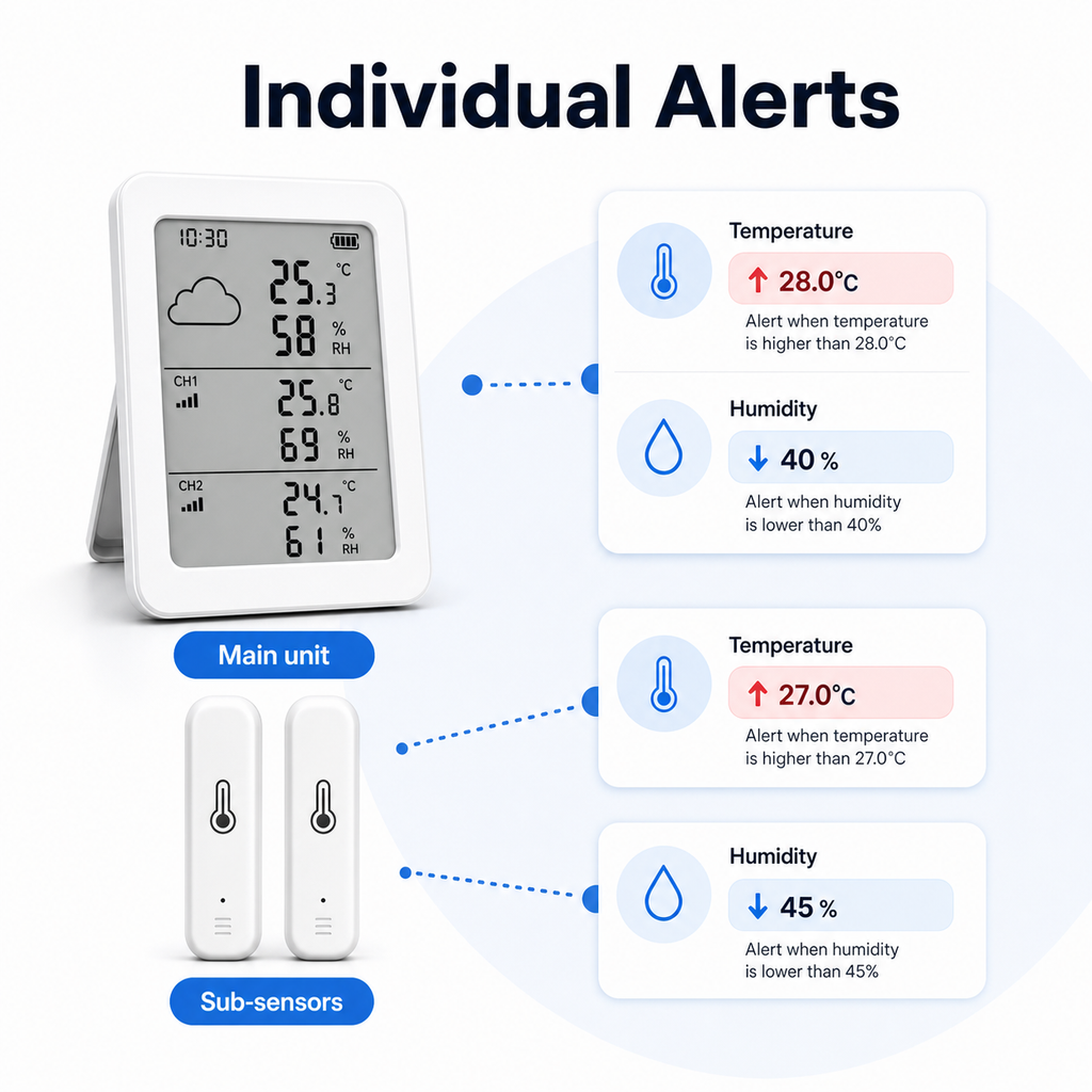 Individual temperature and humidity alert settings for main unit and sub-sensors