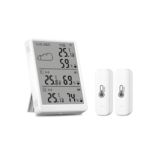 Kit capteur température humidité NéoClimate RF Comfort avec écran principal et deux sous-capteurs sur fond blanc