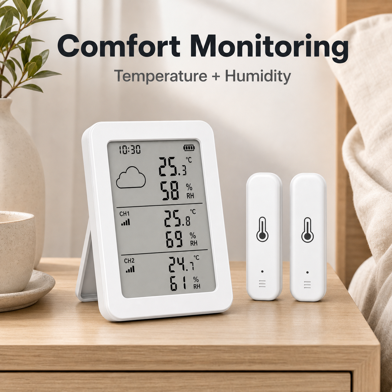 Lifestyle packshot of temperature and humidity sensor kit on a modern shelf