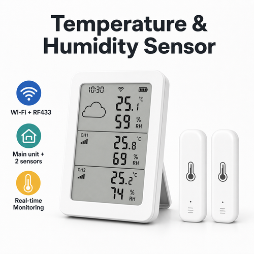 Studio packshot of Wi-Fi RF433 temperature and humidity sensor kit