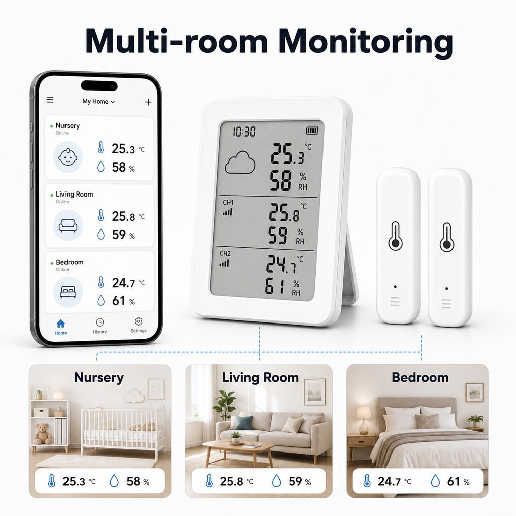 Multi-room monitoring layout for temperature and humidity sensor kit