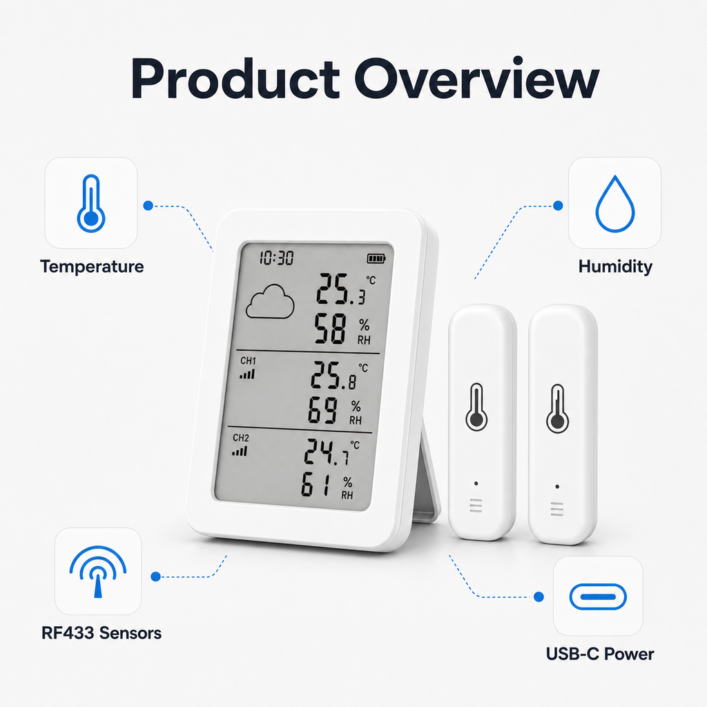 Product overview for temperature humidity display with RF433 sub-sensors