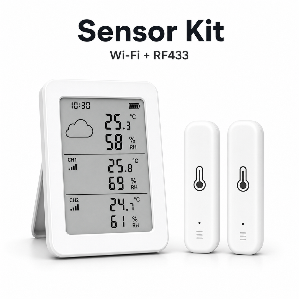 Clean studio packshot of Wi-Fi RF433 temperature humidity sensor kit