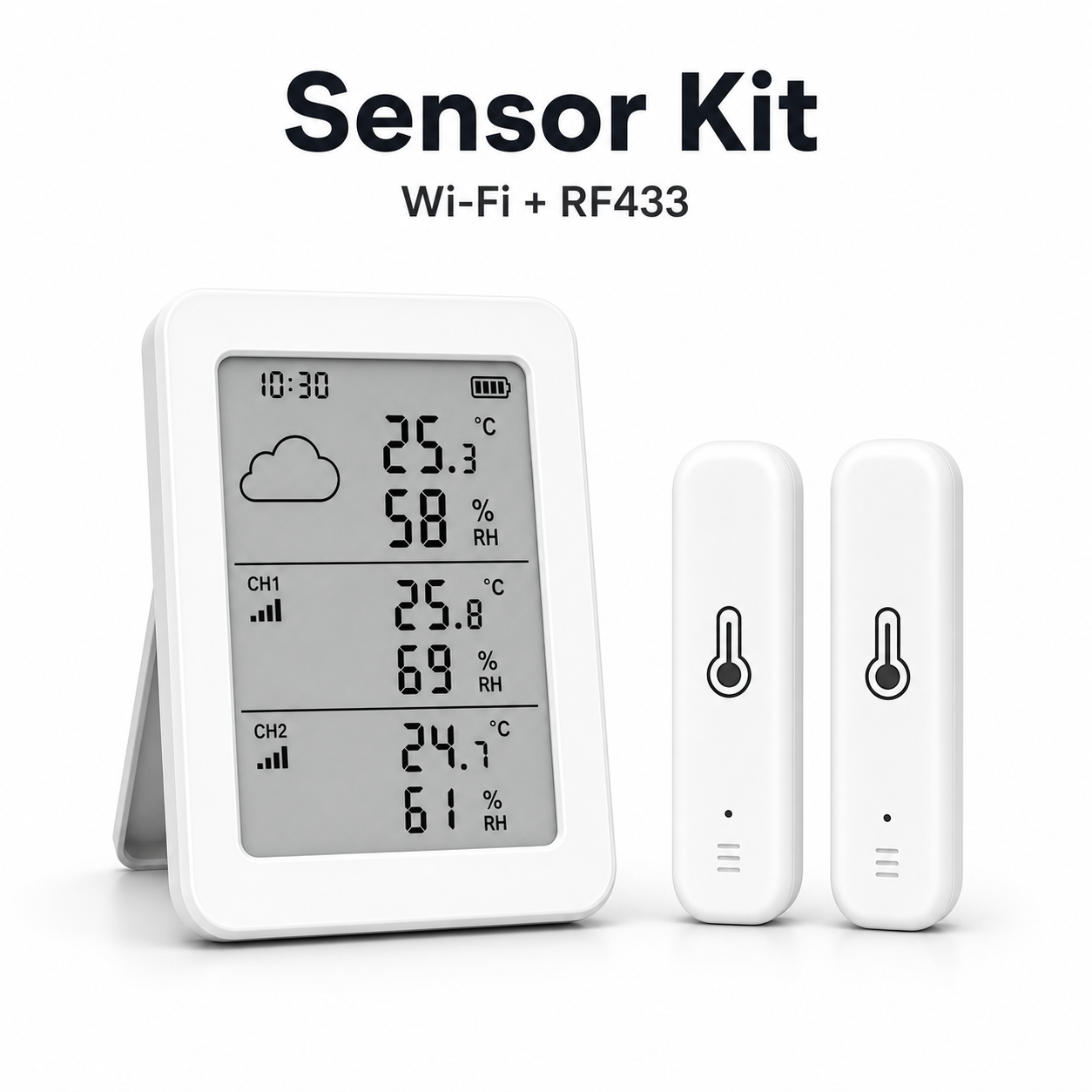 Clean studio packshot of Wi-Fi RF433 temperature humidity sensor kit