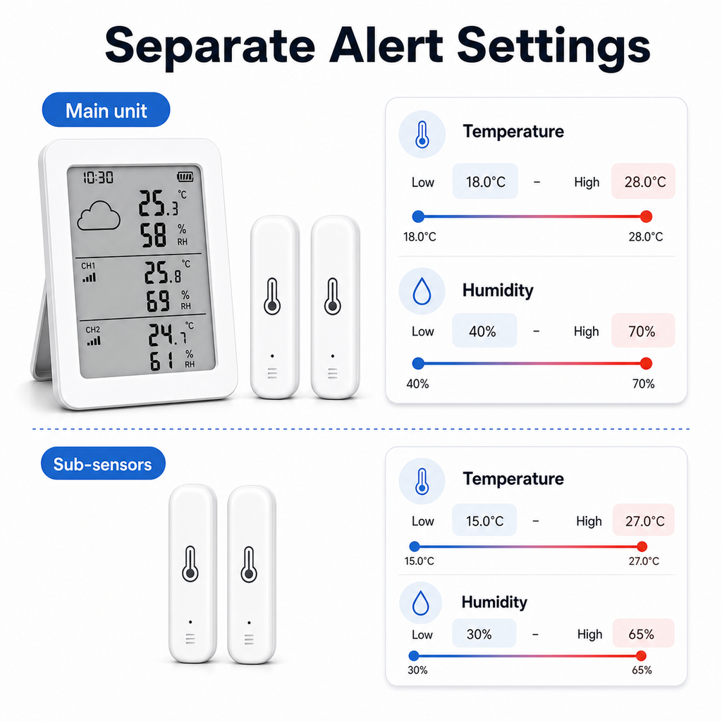 Separate temperature and humidity alert settings for main unit and sub-sensors