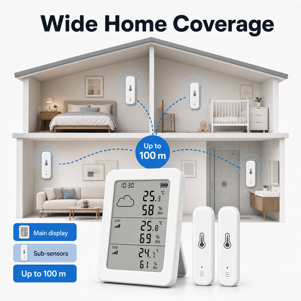 Wide home coverage scene for RF433 temperature and humidity sensors