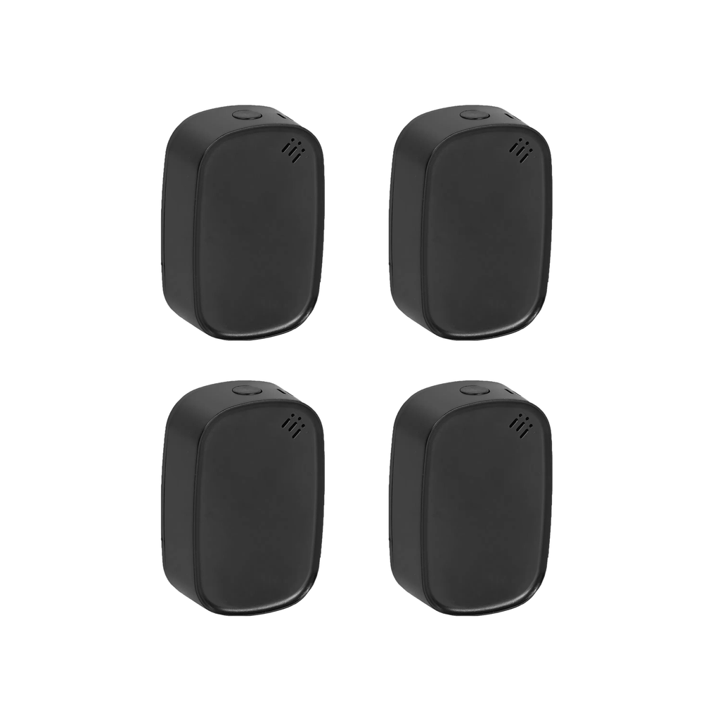 Lot de quatre capteurs temp?rature humidit? ZigBee Neoclimate coloris noir sur fond blanc