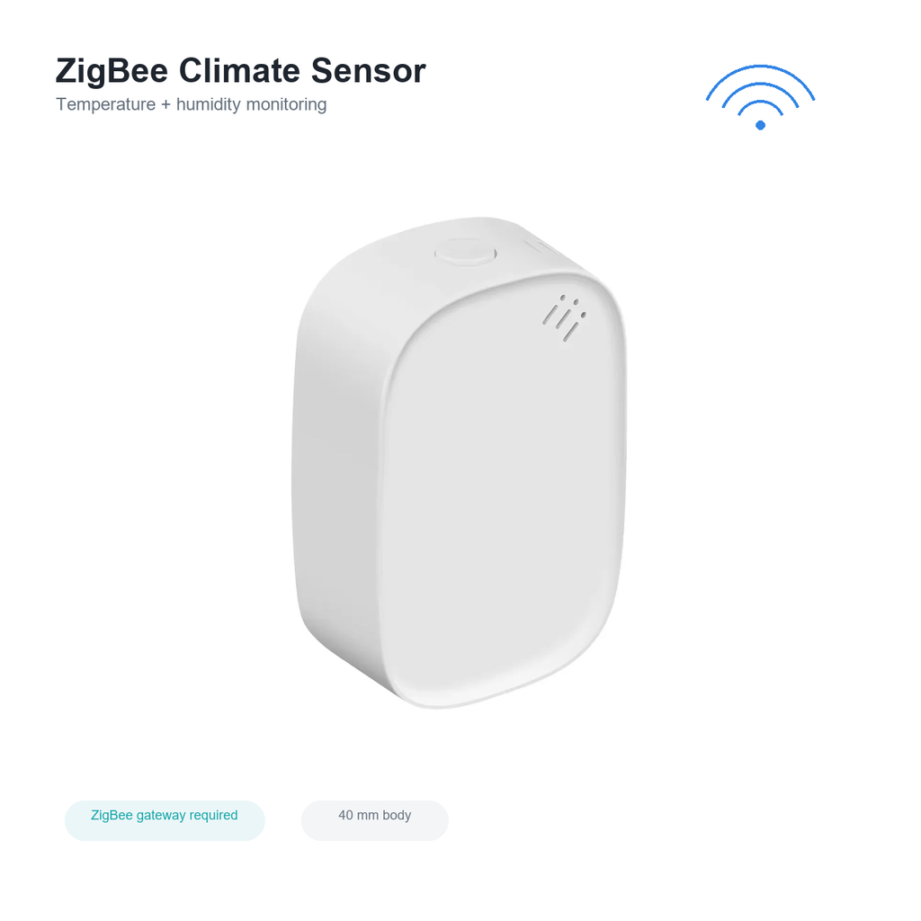 Studio packshot of white ZigBee temperature and humidity sensor