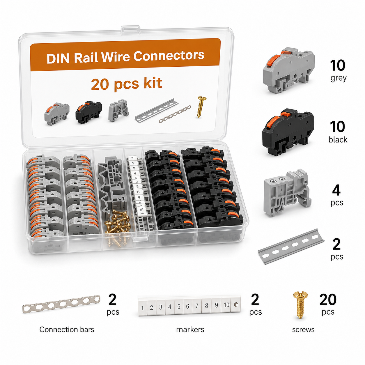 20 piece DIN rail connector kit components with rail strips markers and screws