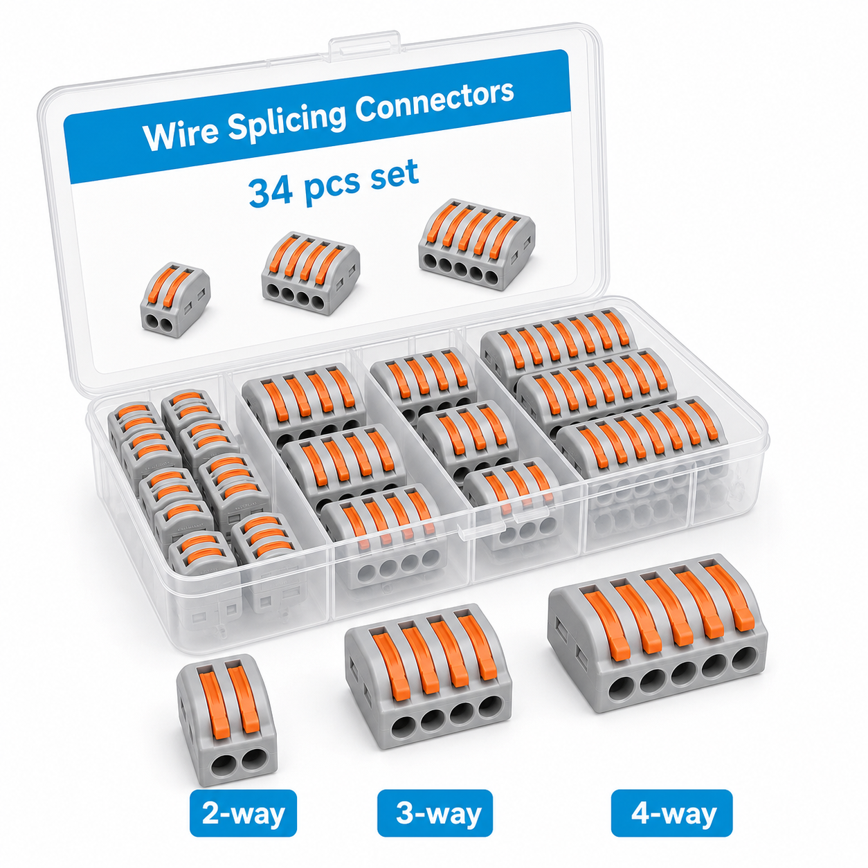 34 piece wire splicing connector set with 2-way 3-way and 4-way variants