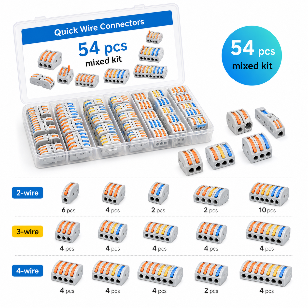 54 piece quick wire connector mixed kit with 2-wire 3-wire and 4-wire variants