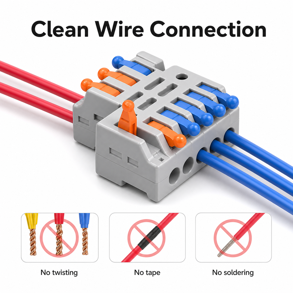 Clean wire connection with quick connector and no twisting no tape no soldering labels