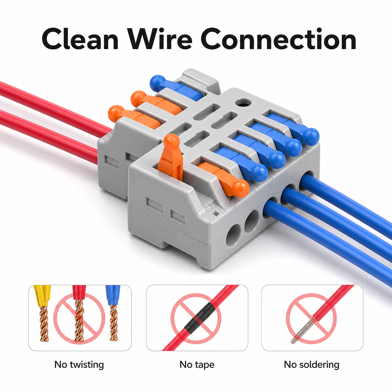 Clean wire connection with quick connector and no twisting no tape no soldering labels