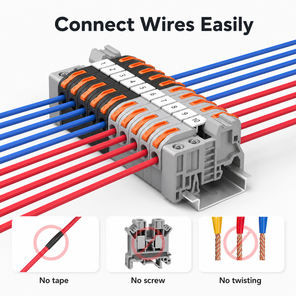 Long DIN rail connector strip with colored wires and screwless clamp labels
